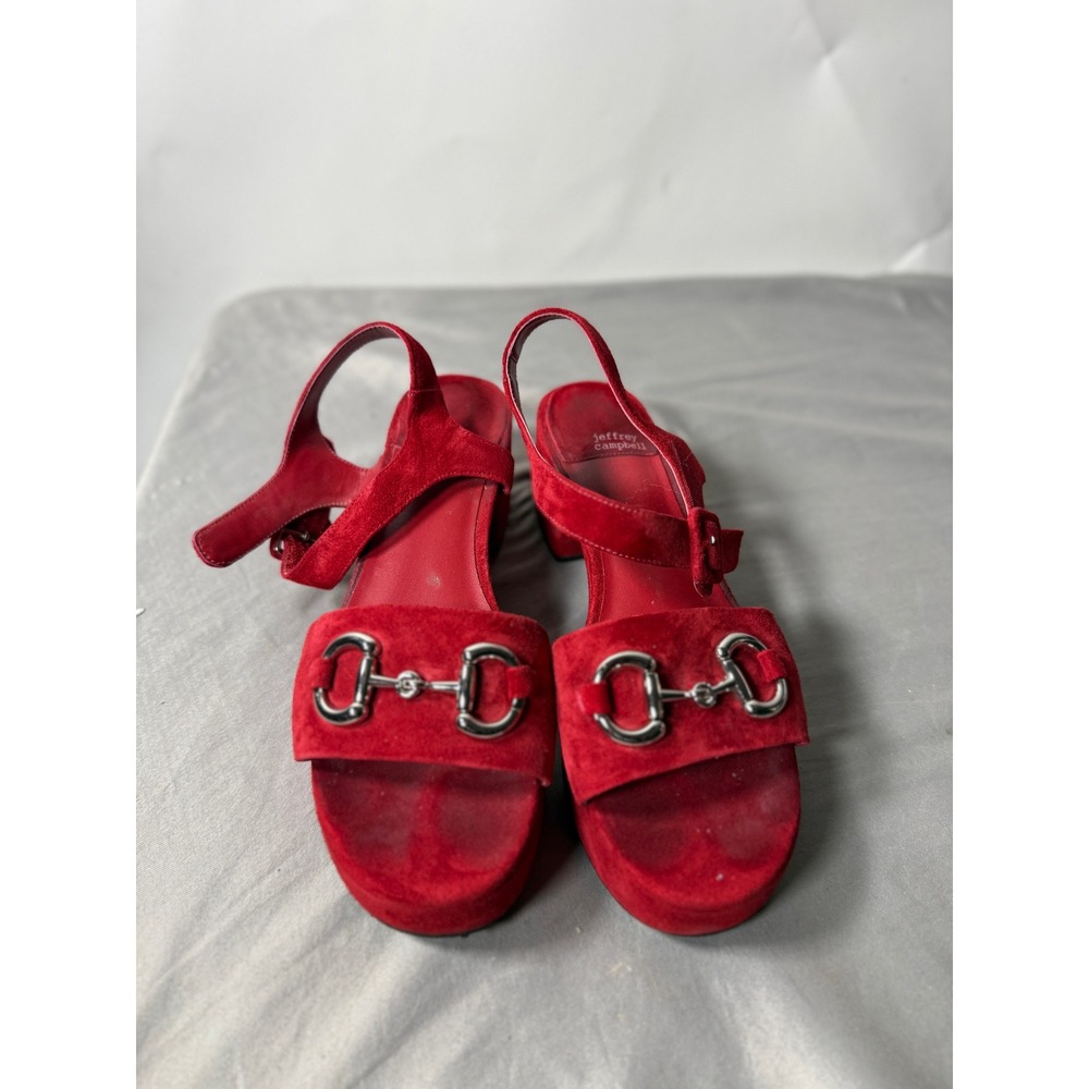 Jeffrey Campbell Red Suede Horsebit Platform Sandals Block Heel Slingback 9
